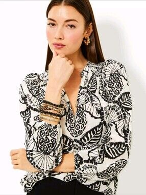 Lilly Pulitzer Elsa Silk Top Coconut Pineapple Black & White Women's 2X Hawaiian